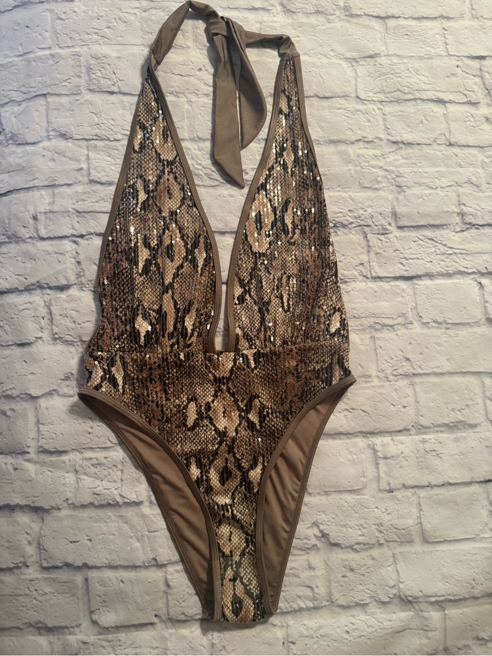 Fashion Nova Brown Snake Print Plunge One-Piece Swimsuit